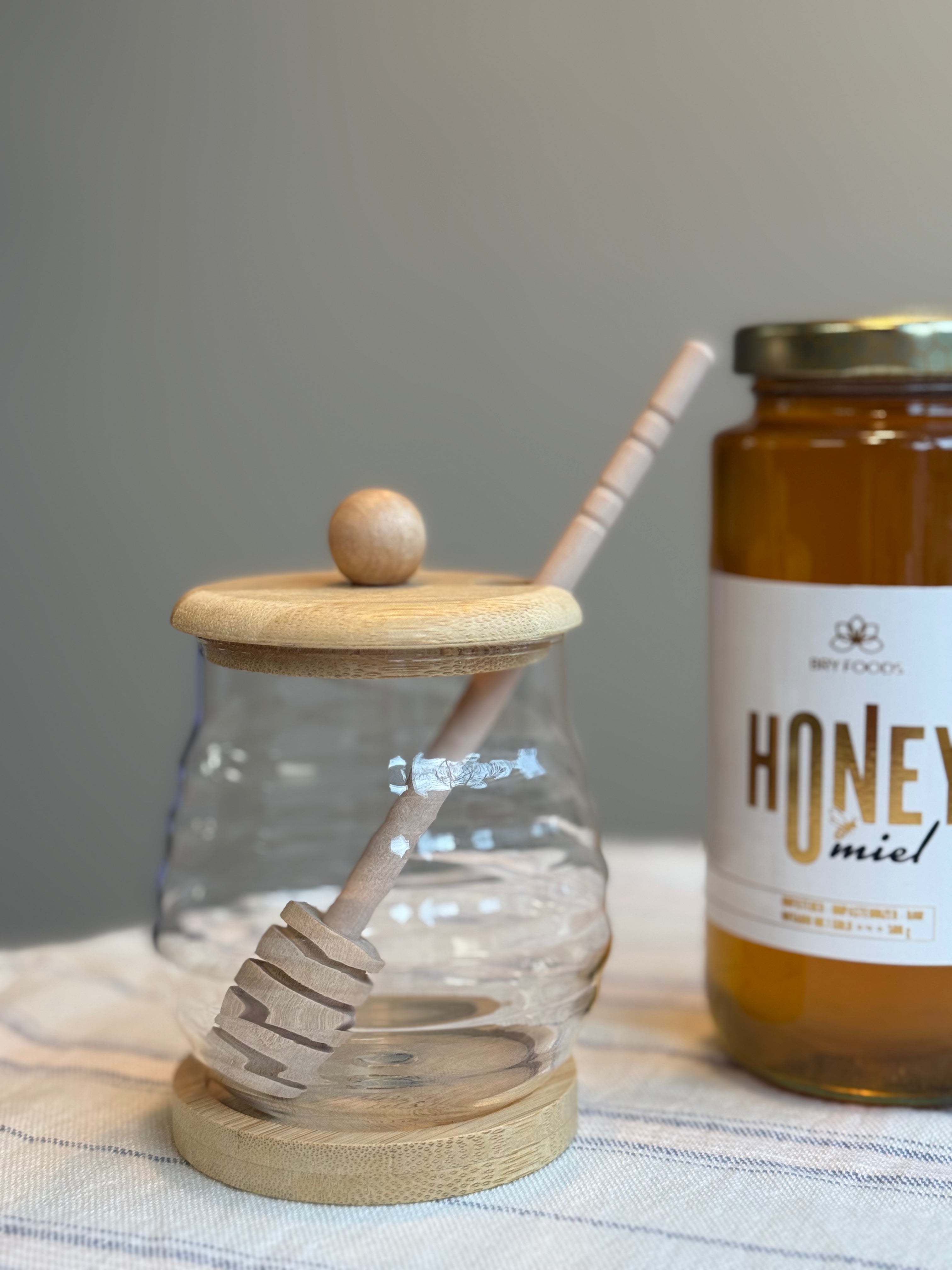 Glass Honey Jar with Wooden Lid & Honey Dipper – Bergamos by BRY Foods